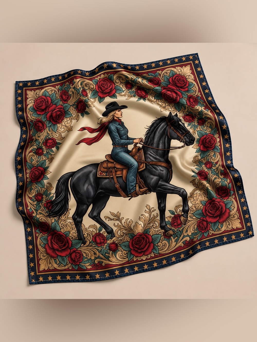 NWT Western Cowgirl Wild Rag Scarf 35.5” x 35.5” Horse & Roses Equesrian Satin